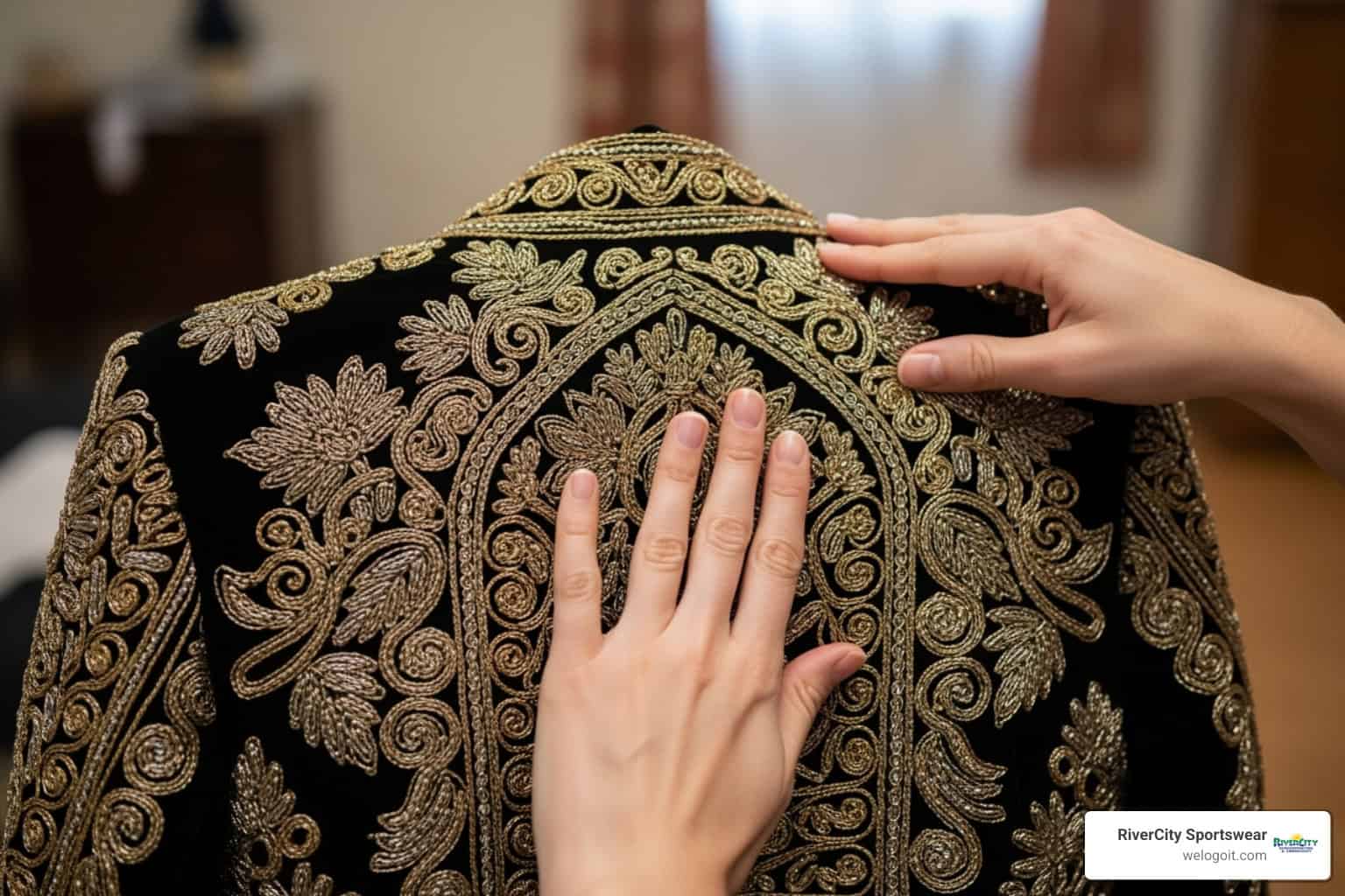 Someone gently folding an embroidered jacket for storage. - embroidery for jackets