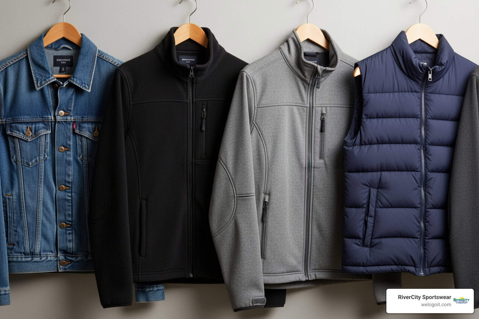 Custom embroidered jackets showcasing RiverCity Screenprinting apparel printing expertise.
