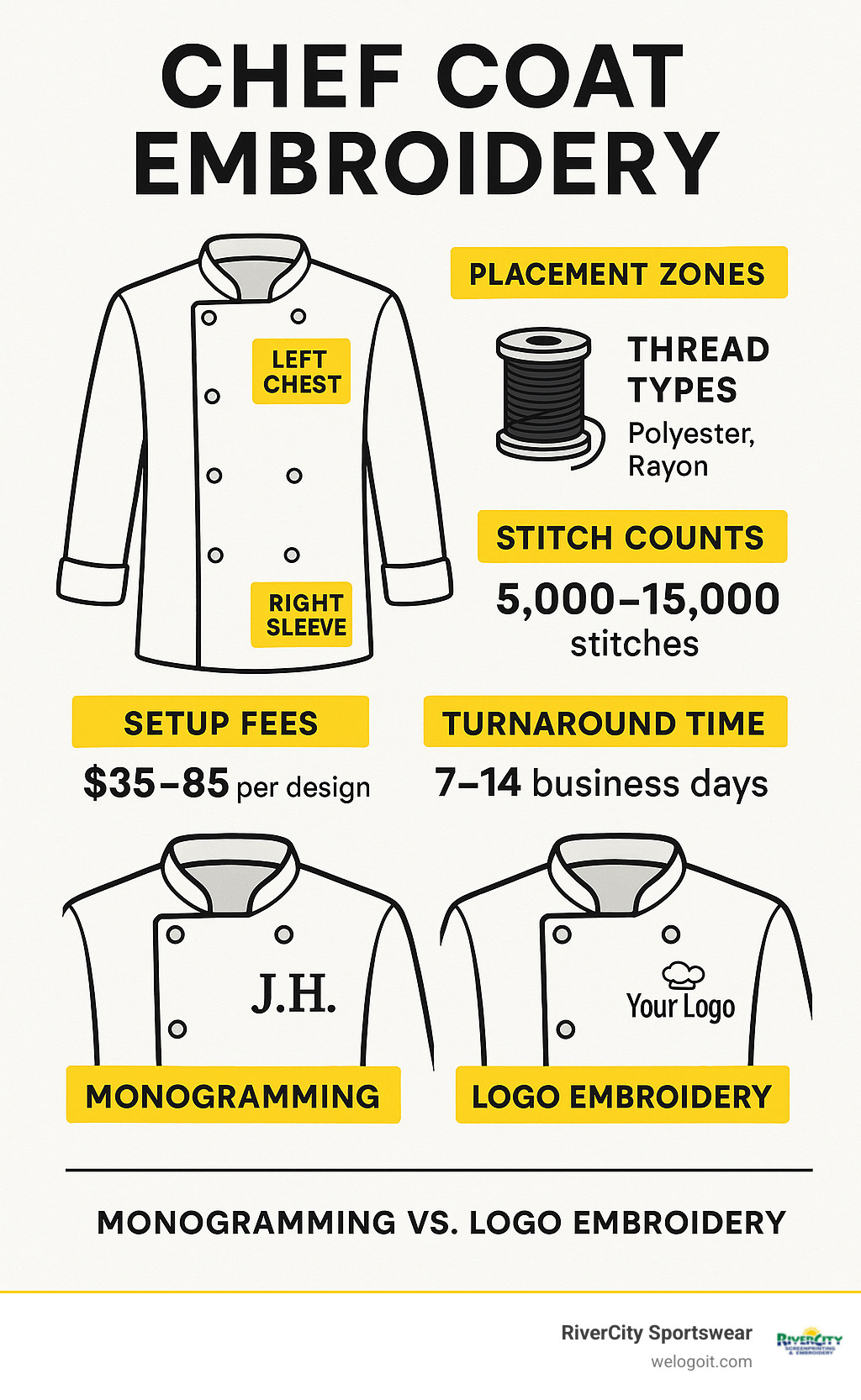 Detailed breakdown of chef coat embroidery components showing placement zones, thread types, stitch counts, setup fees, and turnaround times with visual examples of monogramming versus logo embroidery - chef coat embroidery infographic 