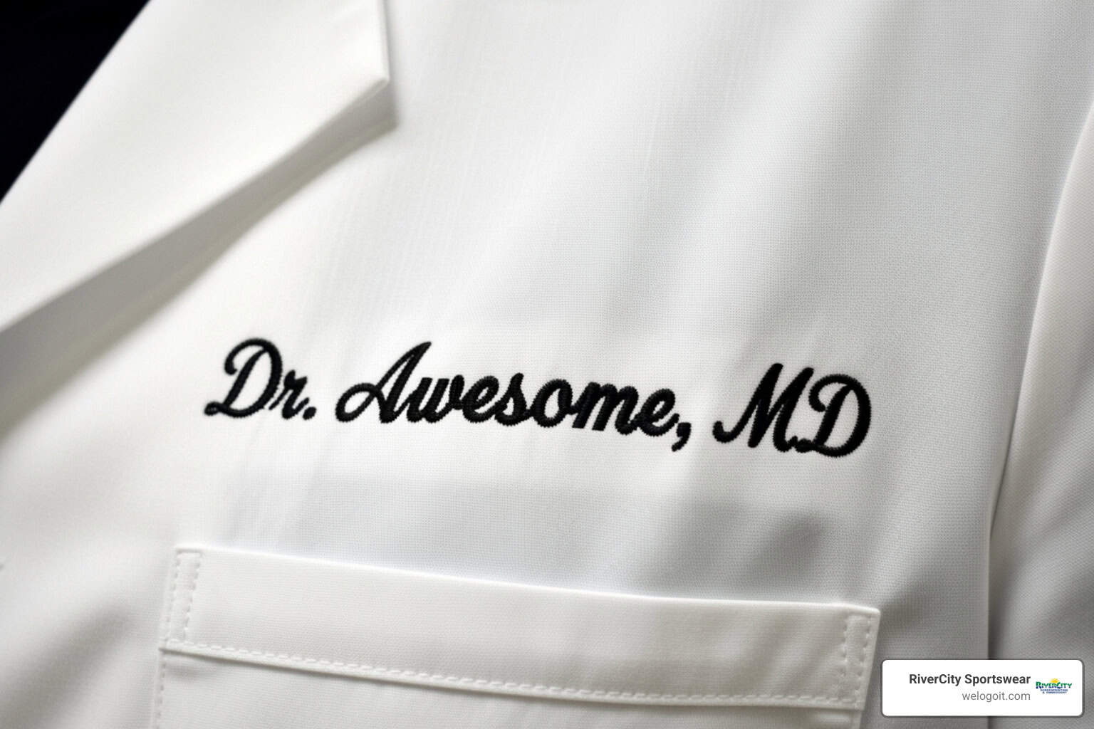 Image showing a "what not to do" example for white coat embroidery, with a very scripty font, an unprofessional title like "Dr. Awesome", and unearned credentials like "MD" on a student's coat - medical student white coat embroidery