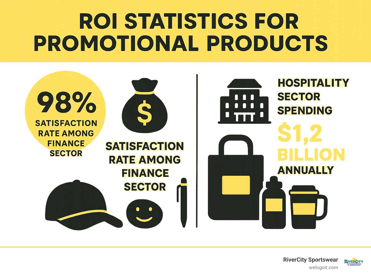 ROI statistics for promotional products showing 98% satisfaction rate among finance sector and hospitality sector spending $1.2 billion annually - discount promotional products san marcos ca infographic 