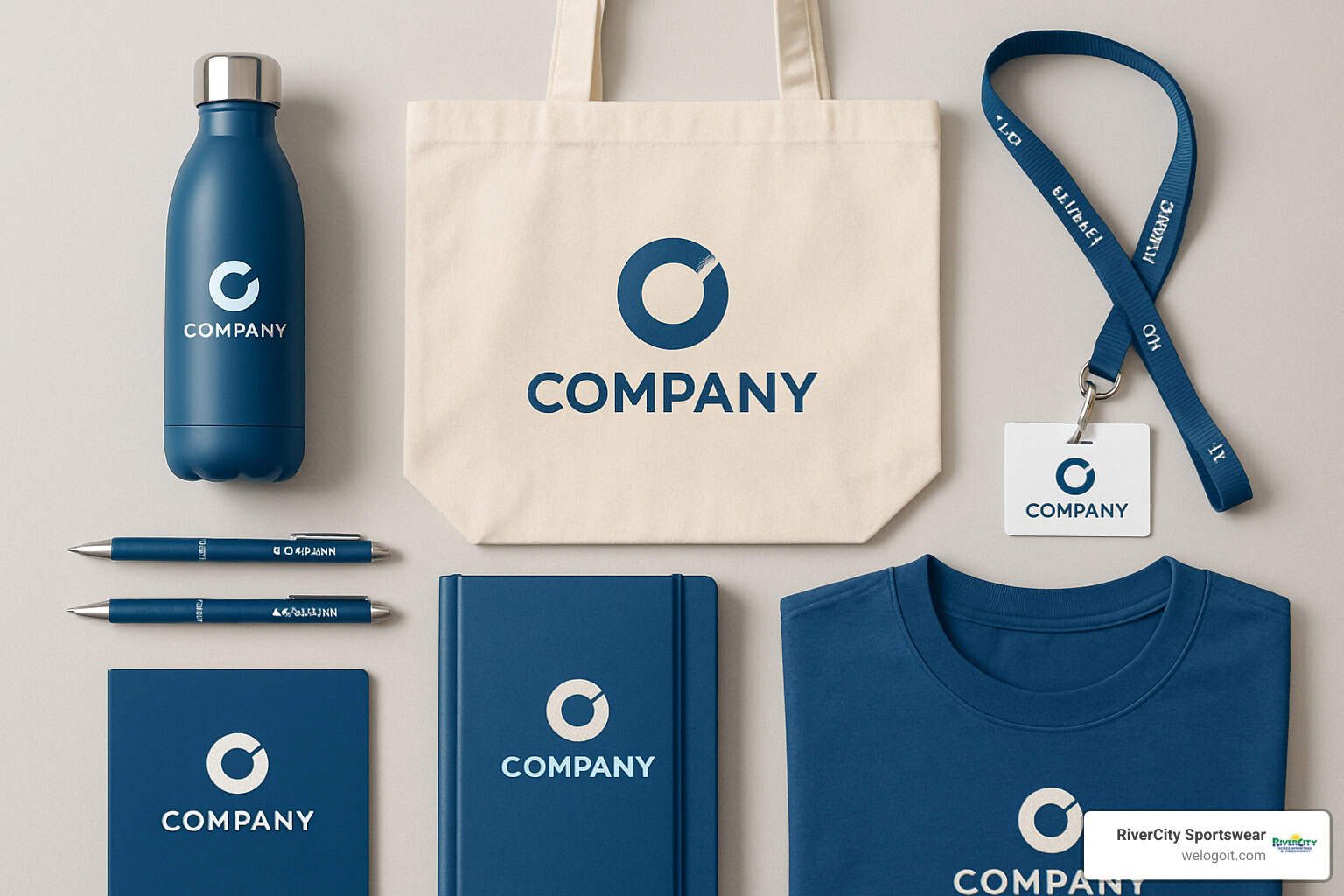 corporate event merchandise options displayed in an organized flat lay - corporate event merchandise