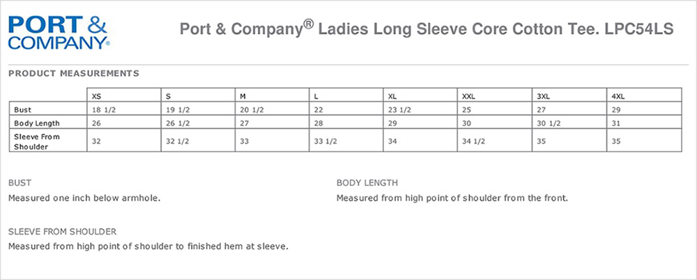 Ladies' Longsleeve T Size Chart