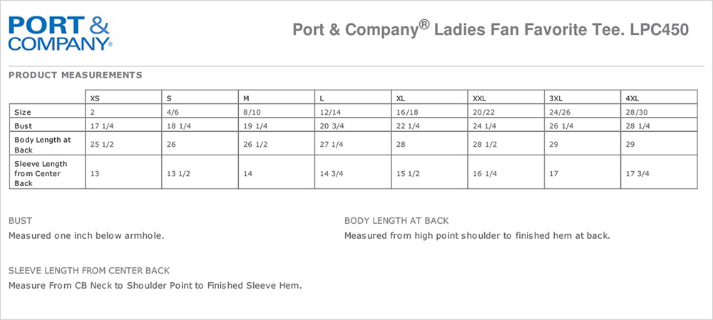 Ladie's Favorite T-shirt Size Chart