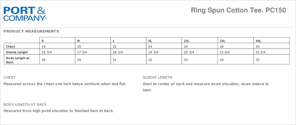 Unisex RingSpun Cotton T Size Chart