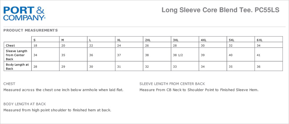Unisex Longsleeve Cotton T Size Chart