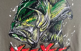 Yee Yee Bass t-shirt with screenprinted design of a large bass fish.