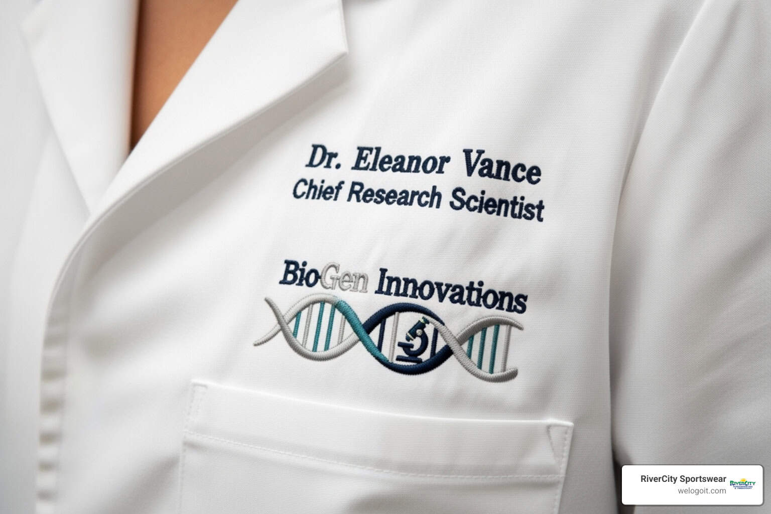 Embroidery of medical professional’s name and lab logo on white lab coat with detailed stitching.