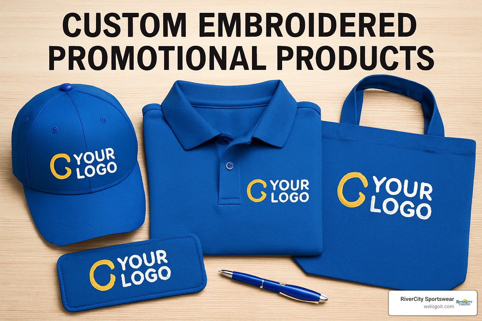 Lineup of top embroidered promotional products including hats, polos, jackets, and bags - custom embroidered promotional products