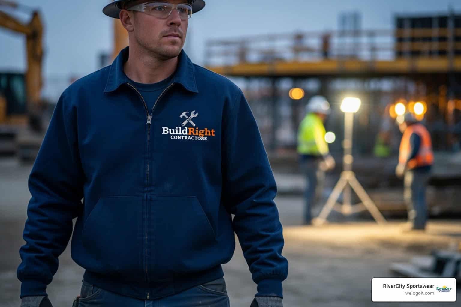 Custom branded work jacket with company logo for Rivercity Screenprinting and promotional apparel.