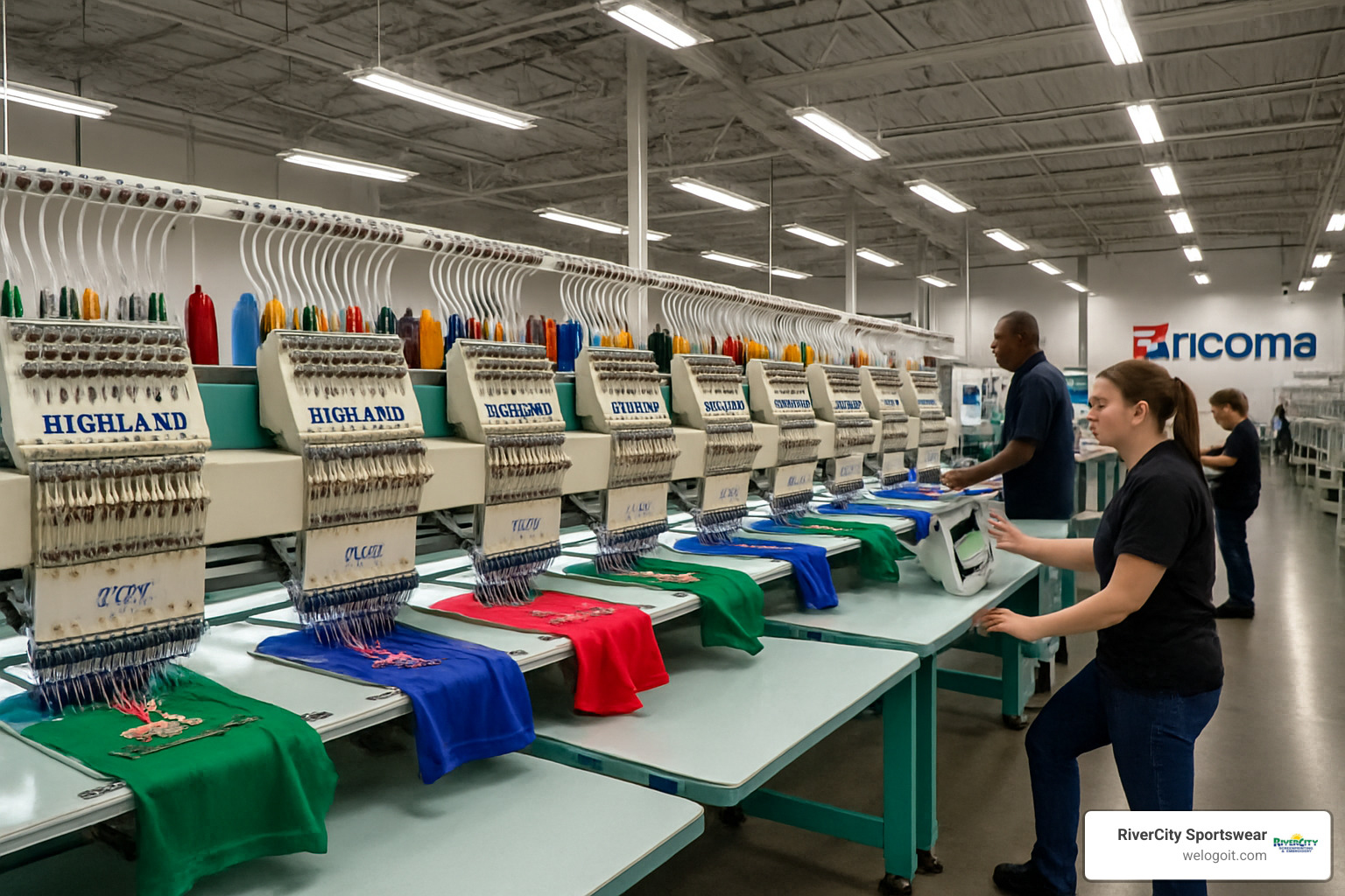Multi-head embroidery machines running in production facility - custom embroidered promotional products