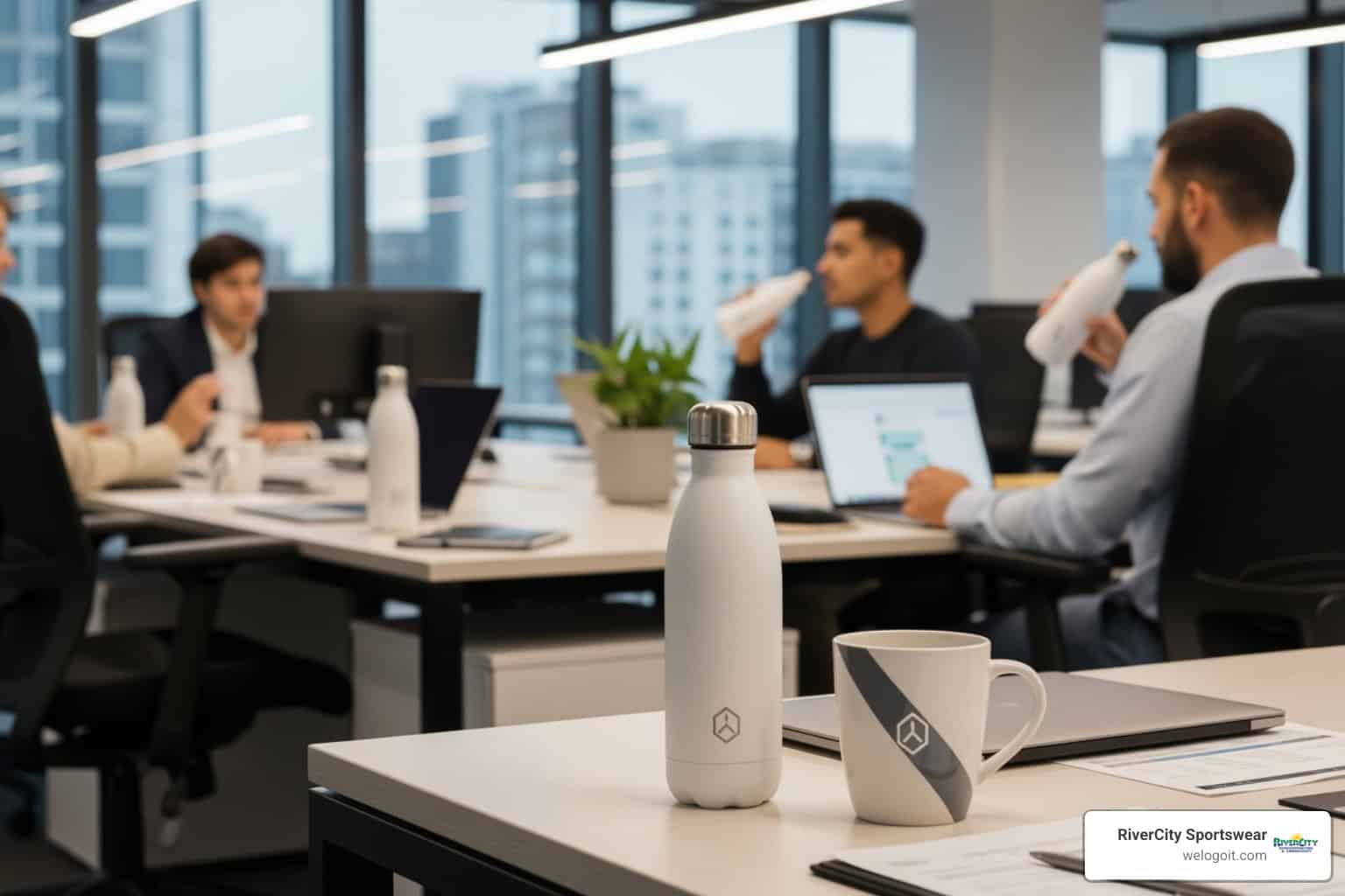 branded water bottles and coffee mugs being used in an office setting - promotional marketing products for events