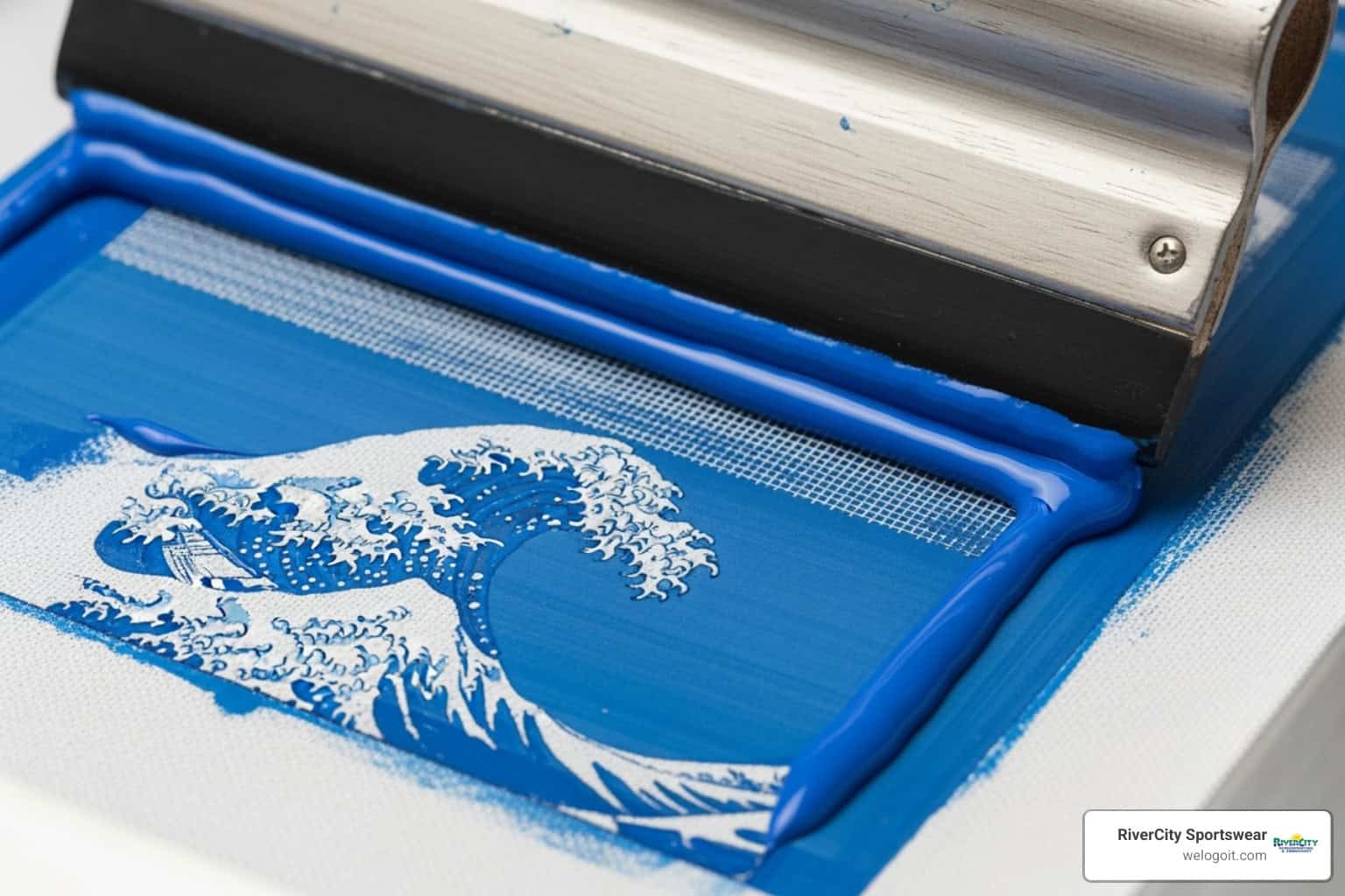 Blue screen printing frame with Wave design for custom sportswear printing.
