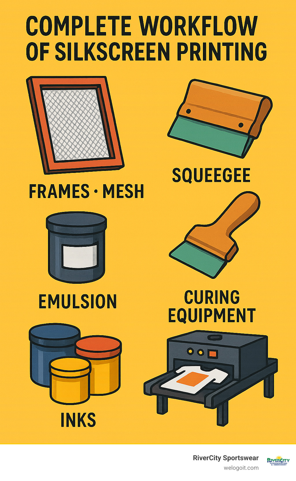 Complete workflow of silkscreen printing showing frames, mesh, emulsion, squeegee, inks and curing equipment with detailed labels for each component - materials used in silkscreen printing infographic 