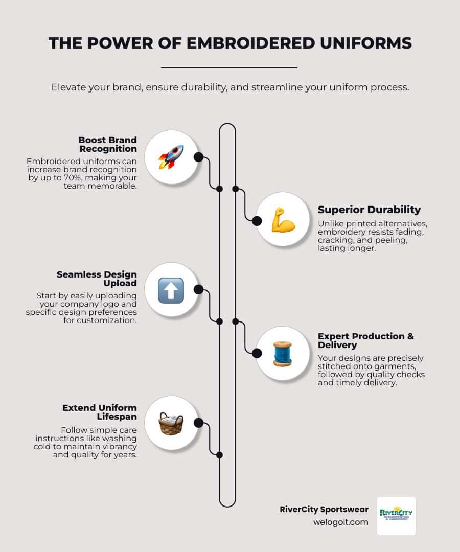 Infographic showing embroidered uniform benefits: 70% brand recognition increase, durability comparison vs printed uniforms, typical order process from logo upload to delivery, cost breakdown 
