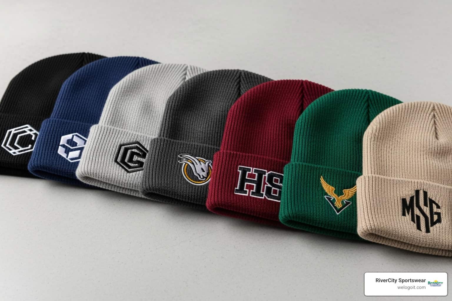 Cuffed beanie mock-ups with various custom embroidered logos - custom embroidered beanies