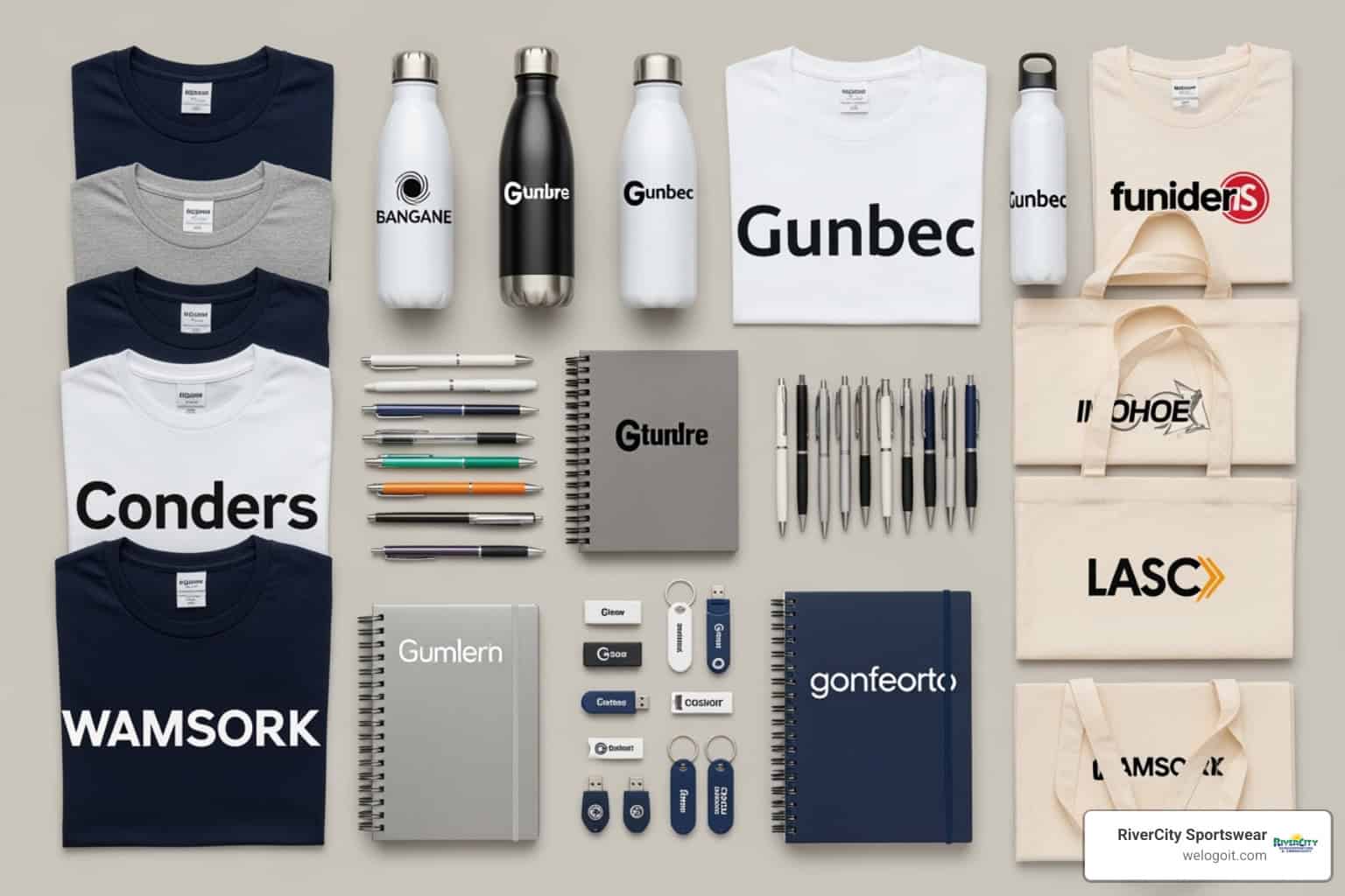Custom branded apparel and promotional merchandise for RiverCity Screenprinting, including t-shirts, reusable water bottles, notebooks, and pens.