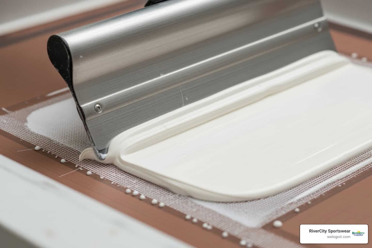 Flattening screen printing mesh with a squeegee for custom apparel printing.