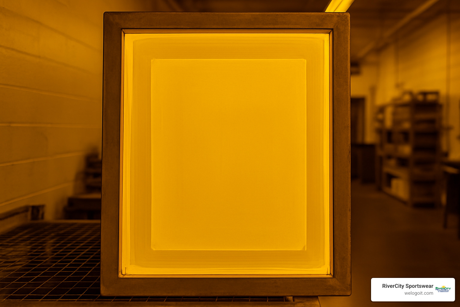 coated screen under yellow safe light - materials used in silkscreen printing