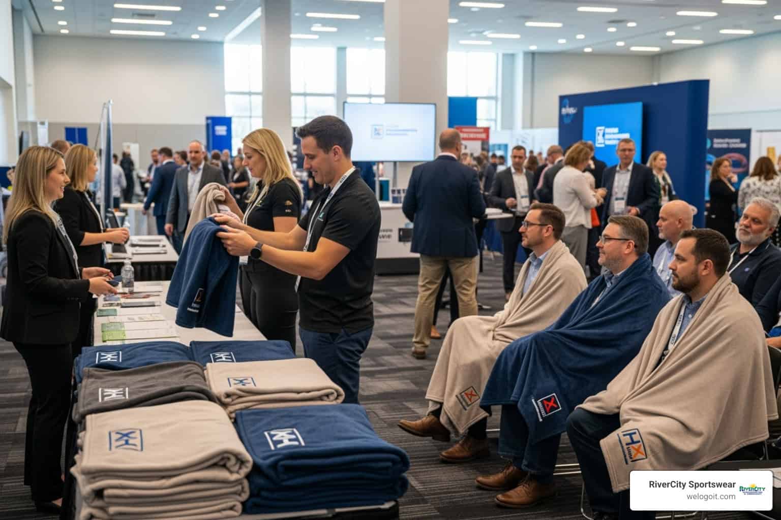 Image of corporate events with branded custom logo fleece blankets as giveaways - custom logo fleece blankets