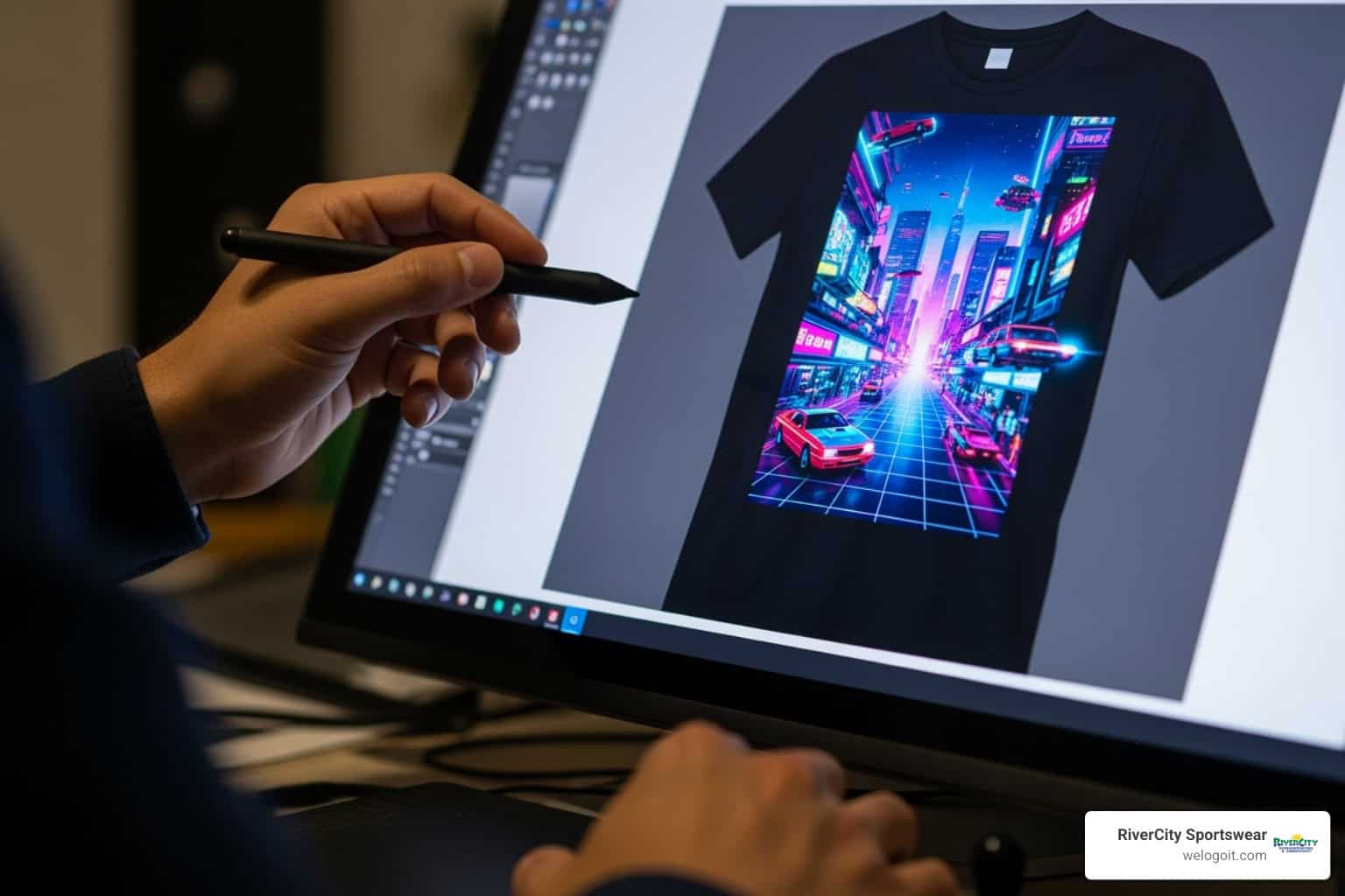 Graphic designer reviewing a t-shirt graphic on a computer screen - t shirt screen printing san antonio tx