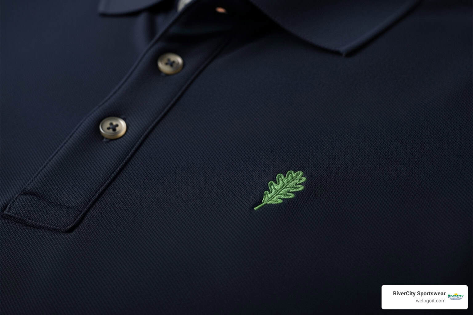 High-quality navy polo shirt with custom embroidered green leaf logo for Rivercity Screenprinting.