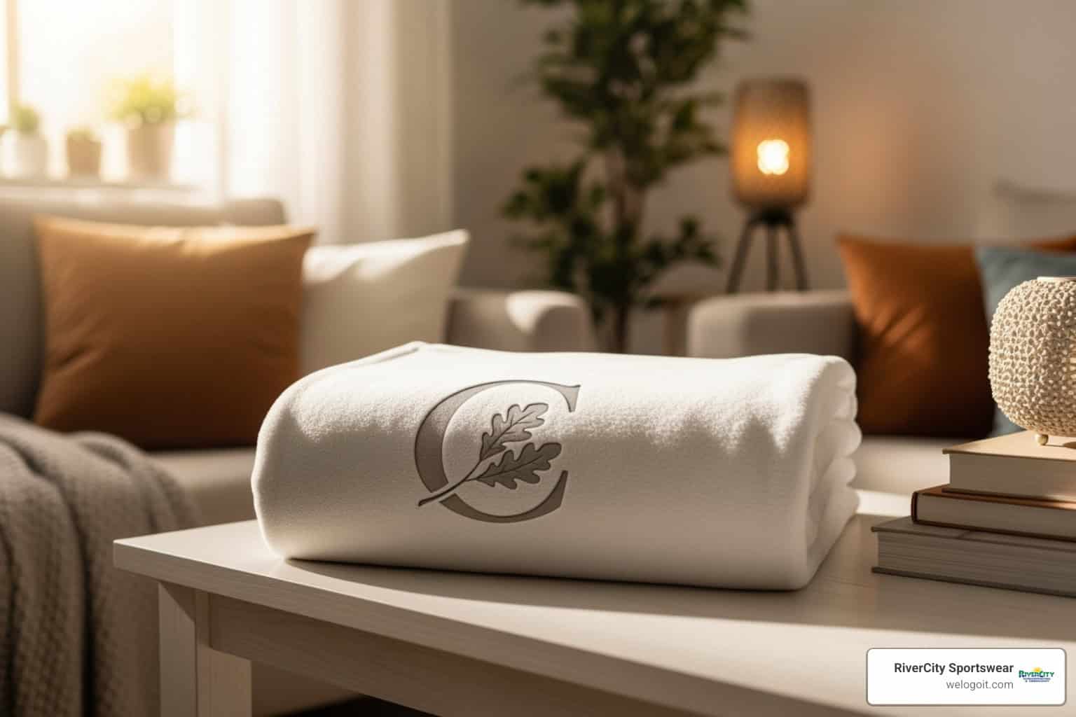 Elegant custom-embroidered towel with Rivercity Screenprinting logo on a modern living room table.
