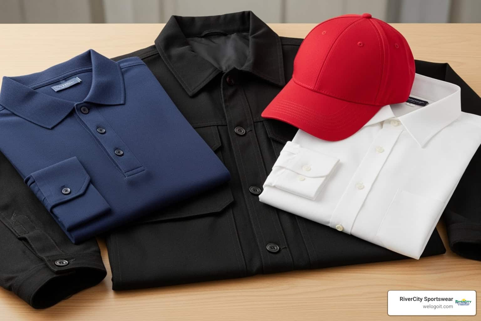 Poloshirts and caps with custom screen printing, promotional apparel from Rivercity Screenprinting.