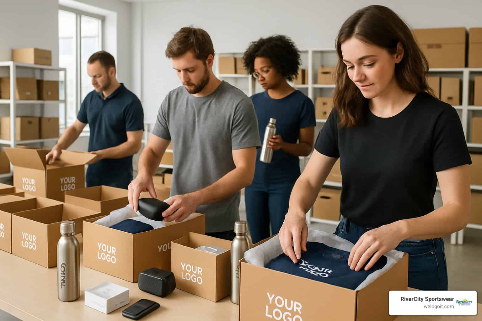 event swag kitting and packaging process - branded merchandise for corporate events