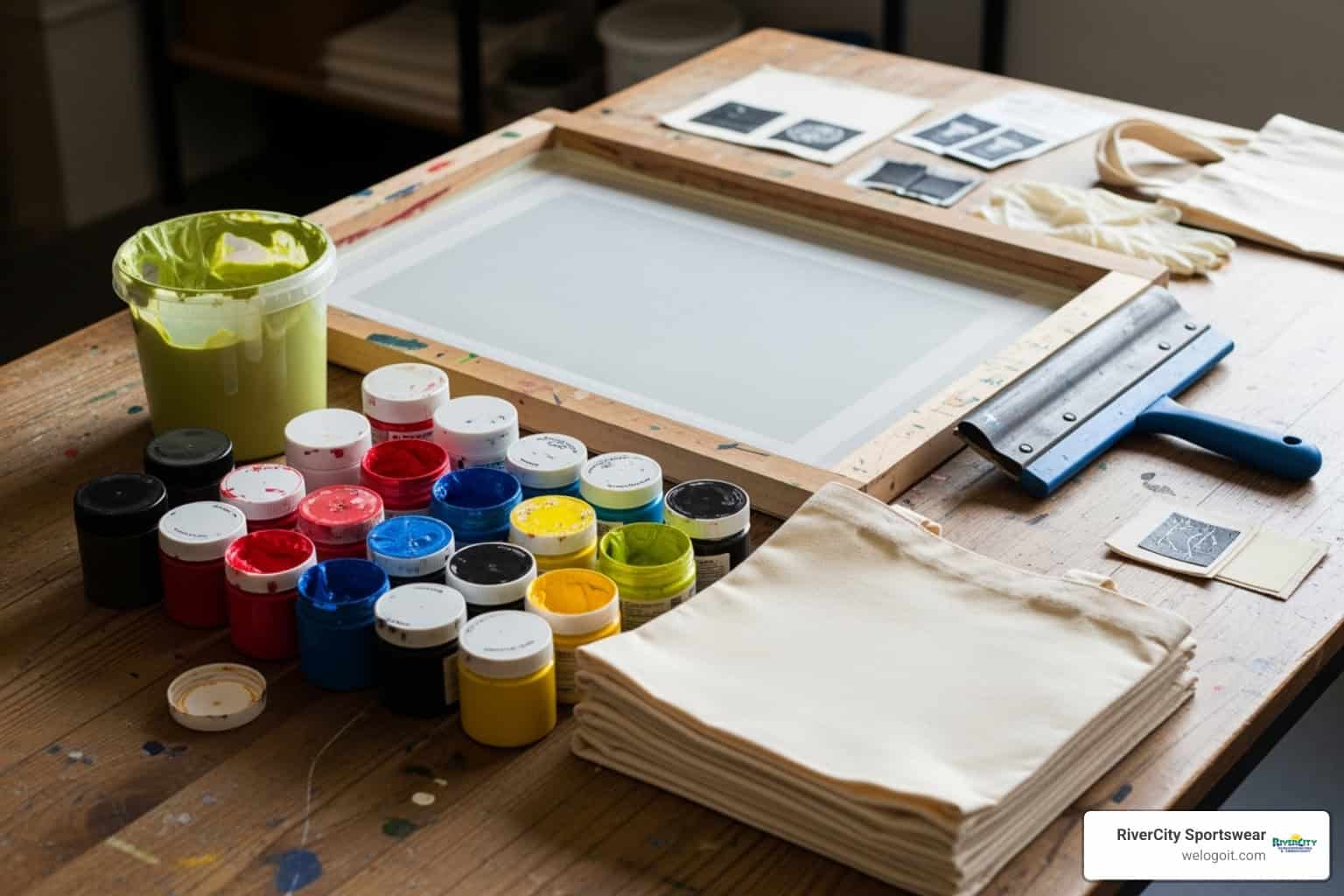 Brightly colored screenprinting inks and supplies for custom apparel printing.