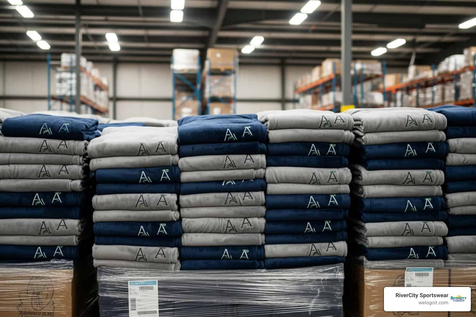 Image of bulk ordering custom logo fleece blankets with a large stack of folded blankets - custom logo fleece blankets