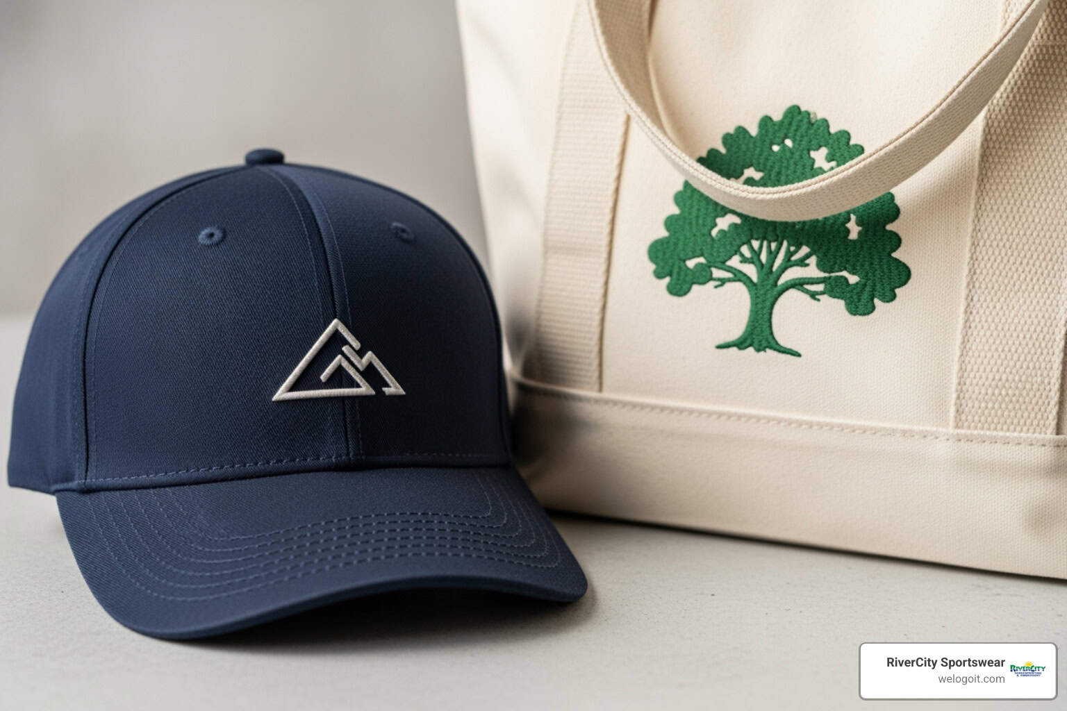custom embroidered hat and a branded tote bag - custom embroidered business apparel