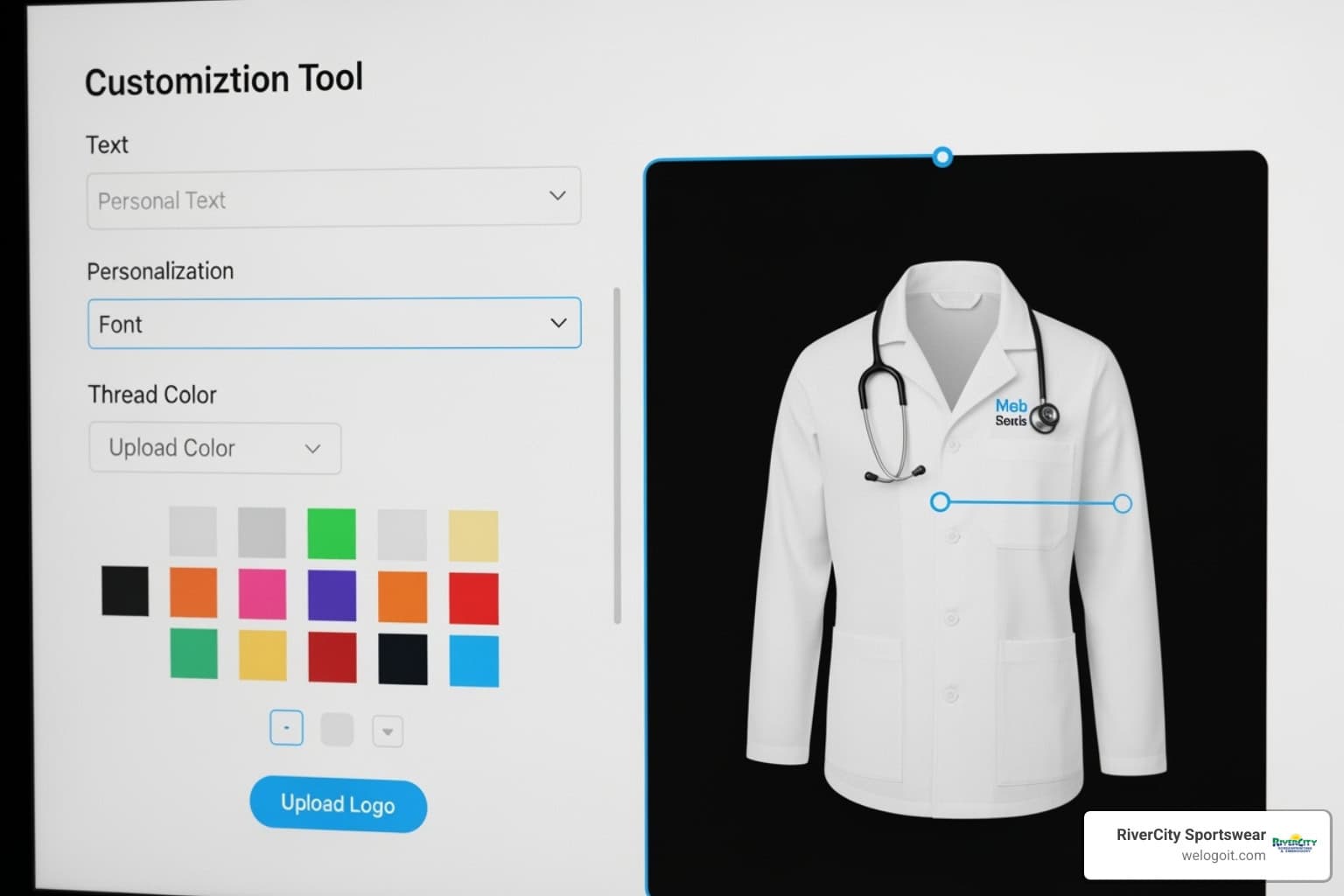 Customized medical scrubs with RiverCity Sportswear branding for professional healthcare uniforms.