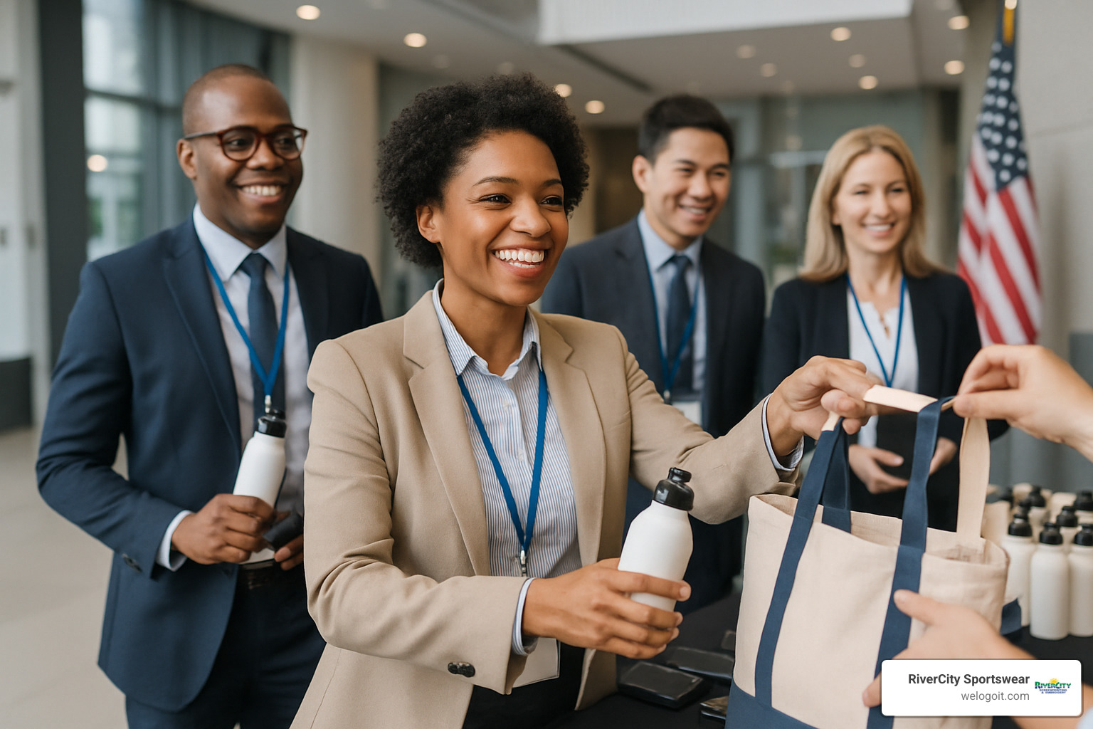 corporate event attendees receiving branded merchandise - branded merchandise for corporate events