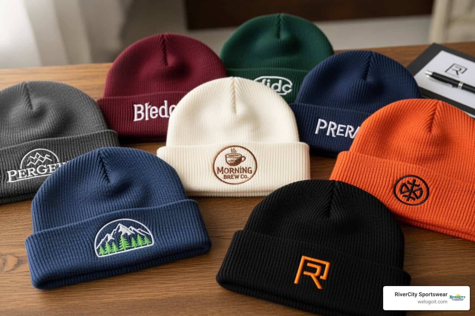 Knitted beanies with custom embroidered logos for RiverCity Screenprinting and branding.