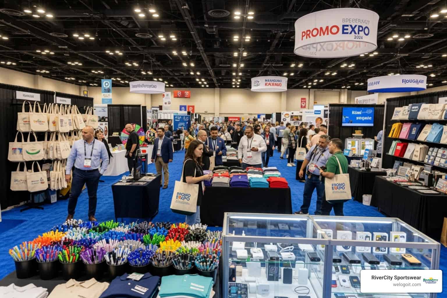 Custom promotional printing solutions for sportswear and apparel at Rivercity Screenprinting booth.