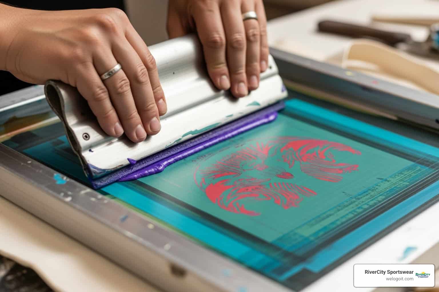 Silkscreen printing process for custom apparel at RiverCity Screenprinting in Jacksonville.