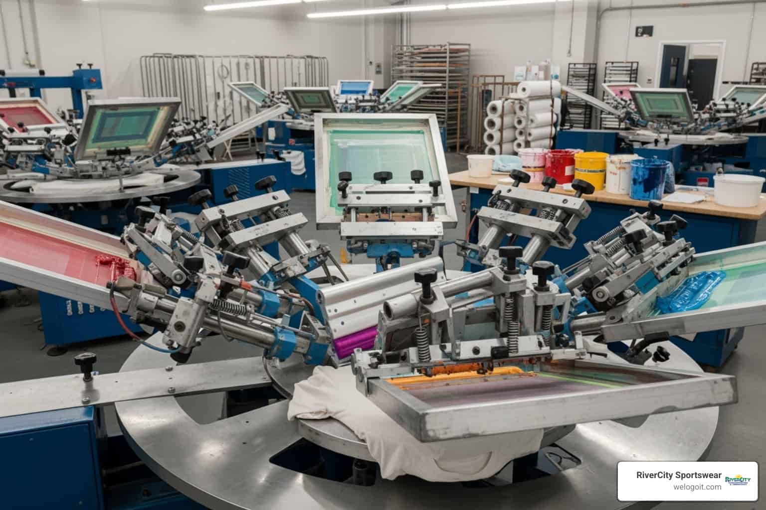 Industrial screen printing equipment for custom apparel at Rivercity Screenprinting.