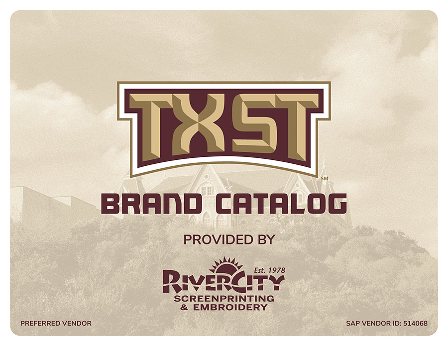 Cover of a brand catalog featuring the logo "TXST" prominently at the top, with the text "BRAND CATALOG" below it. The catalog is provided by "Rivercity Screenprinting & Embroidery," established in 1978. The background includes a faded image of a building and text indicating "Preferred Vendor" and "SAP VENDOR ID: 514068."